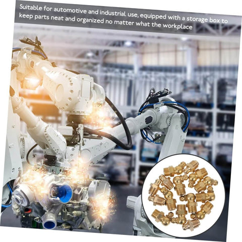 Industrial robot arm in automotive setting with inset of 60-Piece Grease Fitting Assortment Kit With 1/4-28 SAE-LT Copper Threaded Lubrication Nozzles, Includes Straight, 90-Degree, And 45-Degree Fittings For Excavators And Other Heavy Equipment, Replacement Fittings.