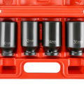 Half Inch Drive Deep Spindle Axle Nut Impact Socket Set, 12 Point Metric, 30mm 32mm 34mm 36mm, CR-MO, 4 Piece in red case