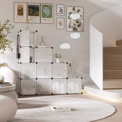 12 Cube Storage Organizer With Doors For Home And Living Room, DIY Plastic Modular Bookshelf In Transparent White in living room.