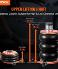 Beefy Five Ton Pneumatic Air Jack With Heightened Column And Adjustable Handle Thick Rubber Pad For Safer Lifts Space Saving Portable Lift For Sedans SUVs Trucks And Pickups Up To 11000 Lbs Ultra Easy To Use shown with adjustable height measurements