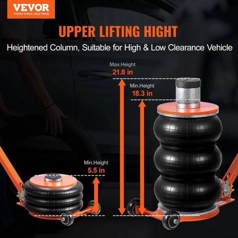Beefy Five Ton Pneumatic Air Jack With Heightened Column And Adjustable Handle Thick Rubber Pad For Safer Lifts Space Saving Portable Lift For Sedans SUVs Trucks And Pickups Up To 11000 Lbs Ultra Easy To Use shown with adjustable height measurements
