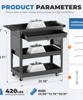Rolling Tool Cart With Drawers And Pegboard, Heavy Duty Utility Cart On Wheels For Garage And Warehouse, Industrial Mechanic Cart With Three Tier Tool Storage, Tough Steel Build, Black Finish, 25.98x13.78x30.91 in