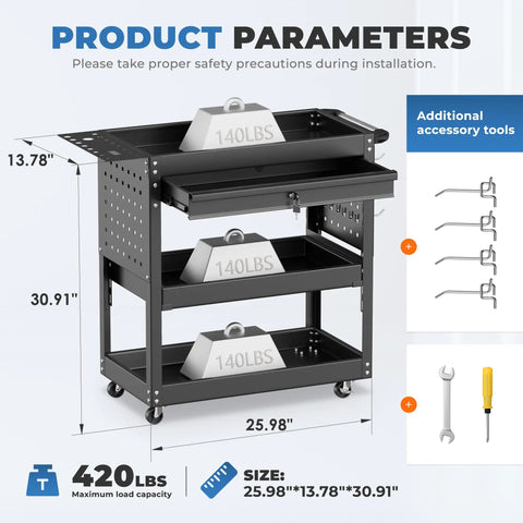 Rolling Tool Cart With Drawers And Pegboard, Heavy Duty Utility Cart On Wheels For Garage And Warehouse, Industrial Mechanic Cart With Three Tier Tool Storage, Tough Steel Build, Black Finish, 25.98x13.78x30.91 in