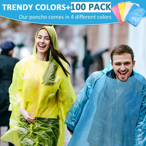 100 Pack Disposable Rain Ponchos For Adults With Hood Emergency Waterproof Rain Gear For Camping Hiking Sports Or Outdoors In Pink Yellow Blue And Clear 25 Pieces Per Color
