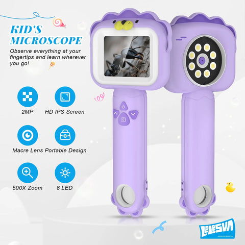 Portable Pocket Microscope For Kids With 2.4 Inch IPS Screen 1080P HD View, 8 Adjustable LEDs, 500x Magnification And 4x Zoom, Lion Themed STEM Toy Gift For 3 To 10 Year Old Boys And Girls. Purple handheld digital kids microscope with screen and LED lights