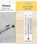 Comparison of fragile mercury thermometer on left with mercury-free science thermometer on right, safe for students.