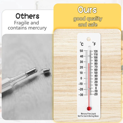 Comparison of fragile mercury thermometer on left with mercury-free science thermometer on right, safe for students.