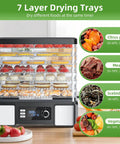 Straight Up Stainless Steel Food Dehydrator For Real Deal Jerky Drying And Heavy Duty Meat Dehydration With Seven Adjustable Trays And Smart Digital Timers Plus Easy Clean Design showing 7 layered trays with diverse foods drying.