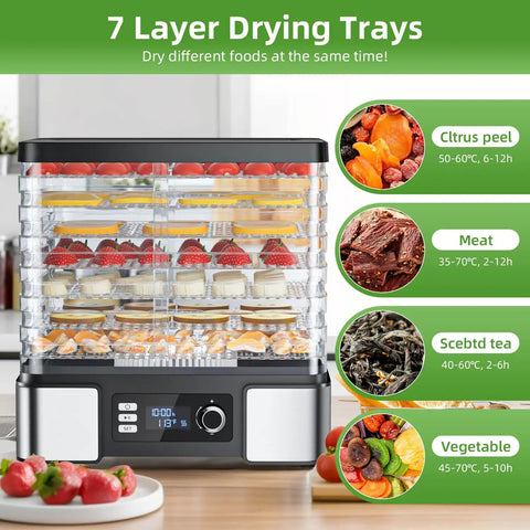 Straight Up Stainless Steel Food Dehydrator For Real Deal Jerky Drying And Heavy Duty Meat Dehydration With Seven Adjustable Trays And Smart Digital Timers Plus Easy Clean Design showing 7 layered trays with diverse foods drying.