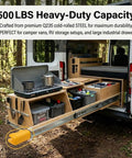 Beefy Heavy Duty Locking Drawer Slides With Screws 500 Lb Capacity installed on RV with kitchen setup.