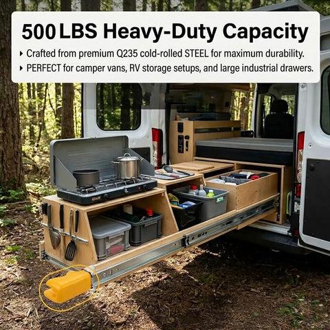 Beefy Heavy Duty Locking Drawer Slides With Screws 500 Lb Capacity installed on RV with kitchen setup.