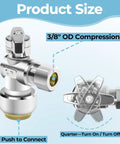 Ten Pack Lead Free Brass Angle Stop Valves 1/2 X 3/8 Push Fit Quick Connect showing size details and connection types.