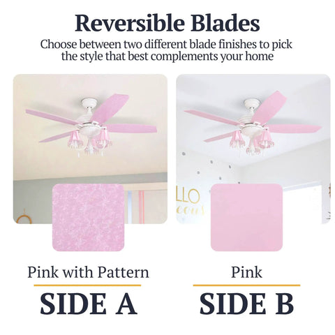48 Inch Princess Style Indoor LED Ceiling Fan With Light showing reversible blades, pink with pattern and solid pink sides.