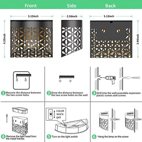 Two Pack Solar Fence Lights Outdoor Waterproof Patio Decor With Glowing Elk Pattern Solar Powered Pathway Lamps Auto On Off Dusk Sensor Easy Mount Five By Four Inches Each installation guide and measurements.