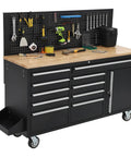 Front view of 61 Inch Rolling Tool Chest With 10 Drawers And Built In Power Strip Heavy Duty Mobile Workbench For Garage And Shop Solid Rubber Wood Top 1675 Lbs Load Capacity Durable Rolling Tool Cabinet On Wheels with tools displayed on pegboard.