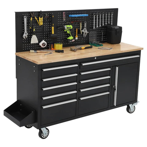 61 Inch Rolling Tool Chest With 10 Drawers And Built In Power Strip, Solid Rubber Wood Top, Heavy Duty Mobile Workstation On Wheels