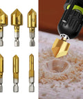 Six Piece Countersink Drill Bit Set with 1/4 in Hex Shank HSS Five Flute Countersink Bits 90 Degree Center Punch Tool Kit