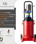 Heavy Duty Pneumatic Grease Gun With 12 Liter Cup And 80 To 1 Pressure Ratio For High Temp Lubricants, red tank with pressure gauge.