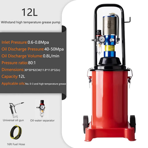 Heavy Duty Pneumatic Grease Gun With 12 Liter Cup And 80 To 1 Pressure Ratio For High Temp Lubricants, red tank with pressure gauge.