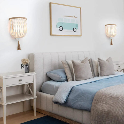 Bohemian Wood Beaded Wall Sconces Two Pack White Finish Rustic Bedside Lighting fixture in cozy bedroom with soft decor.