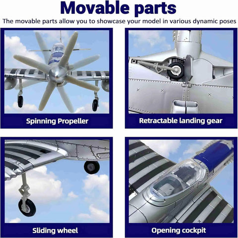 Mustang P-51 Fighter Model Kit 1 To 48 Scale For World War II Fans, showing movable parts like propeller and landing gear.