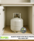 Wireless Propane Tank Gauge With Magnetic Sensor placed underneath a propane tank inside a cabinet