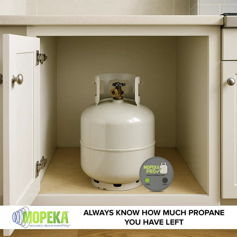 Wireless Propane Tank Gauge With Magnetic Sensor placed underneath a propane tank inside a cabinet