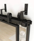 Close-up of Bypass Glass Barn Door Set 72 X 84 Inches with black carbon steel frame and 6-foot double hardware kit.