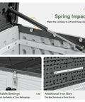 Interior view of Heavy Duty HDPE Outdoor Storage Box 41 Cu Ft 160 Gallon Waterproof Lockable Deck Box with spring-assisted lid mechanism.