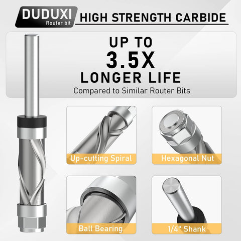 Side view of DUDUXI carbide router bit with 1/4-in shank, up-cutting spiral and top/bottom bearings.