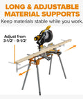 Universal Portable Miter Saw Stand 2nd Generation Pro Grade With Quick Release Tool Mount Folding Design And 114 Inches Of Material Support Fits Dewalt Milwaukee Ridgid Bosch Makita Ryobi And More with miter saw and wood board.