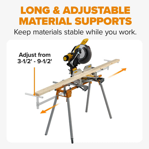 Universal Portable Miter Saw Stand 2nd Generation Pro Grade With Quick Release Tool Mount Folding Design And 114 Inches Of Material Support Fits Dewalt Milwaukee Ridgid Bosch Makita Ryobi And More with miter saw and wood board.