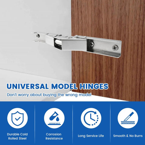 Tough As Nails 4 Pack 90 Degree Folding Hinges Nickel Plated Steel Cabinet Hardware installed on wood.
