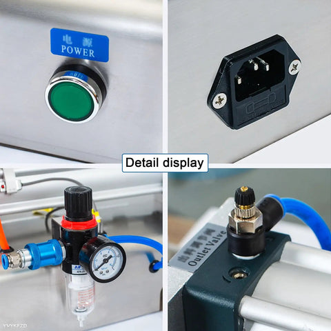 Detail display of Pneumatic Liquid Paste Bottle Filler controls, 40L Stainless Steel Hopper, showcasing power button and valves.