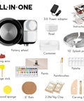 All-In-One Pottery Wheel Kit For Adults And Beginners With Six Inch Turntable, Two-Way Rotation And Adjustable Speed Includes 2.2 Lb Air Dry Clay, Five Carving Tools, Cutting Wire, Sponge, Detachable Water Basin, And Handy Storage Case components displayed.