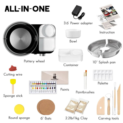 All-In-One Pottery Wheel Kit For Adults And Beginners With Six Inch Turntable, Two-Way Rotation And Adjustable Speed Includes 2.2 Lb Air Dry Clay, Five Carving Tools, Cutting Wire, Sponge, Detachable Water Basin, And Handy Storage Case components displayed.