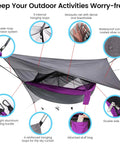 All In One Camping Hammock With Mosquito Net Rain Fly Tarp And Straps Storage Bag Portable Nylon Parachute Hammock showing features