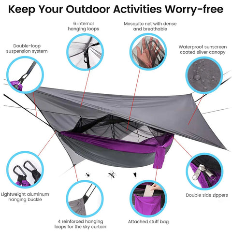 All In One Camping Hammock With Mosquito Net Rain Fly Tarp And Straps Storage Bag Portable Nylon Parachute Hammock showing features