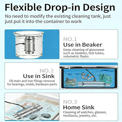 Flexible drop-in design of Portable Ultrasonic Cleaner With 40KHz Frequency And 5 Minute Timer for versatile cleaning in beakers and sinks.