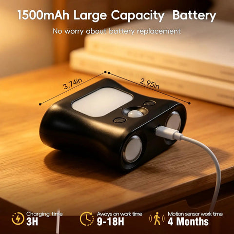 Motion Sensor Light Indoor with Remote, Rechargeable Wireless LED Sconce close-up showing 1500mAh battery and charging cable.