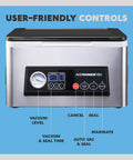 Front view of stainless steel chamber vacuum sealer with digital display and gauge, compact 11.5-inch sealing bar.