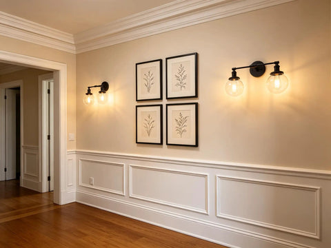 Industrial Black Wall Sconce Hardwired Double Light With 5.9 Inch Glass Globe Lampshade Modern Wall Fixture on hallway wall
