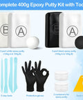 Complete 400g Two Part Epoxy Putty Kit with tools, includes white and black putty, clay tools, protective gloves, containers, and spatula.