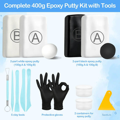 Complete 400g Two Part Epoxy Putty Kit with tools, includes white and black putty, clay tools, protective gloves, containers, and spatula.