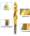 Close-up view of gold tap and drill bit showing sharp tip, spiral groove, 1/4" hex shank, and 3-in-1 bit design.