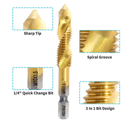 Close-up view of gold tap and drill bit showing sharp tip, spiral groove, 1/4" hex shank, and 3-in-1 bit design.