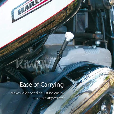 Extend Idle Speed Adjustment Screw Featuring Flexible Shaft And Knurled Grip For Harley V Twin Carburetors No Sweat Hand Tune Up visible on motorcycle engine.