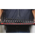 Person holding an 18-Inch Socket Boss 2 Rail 1/2-Inch Drive Socket Organizer with Twist Lock Secure Hold, Red Finish.