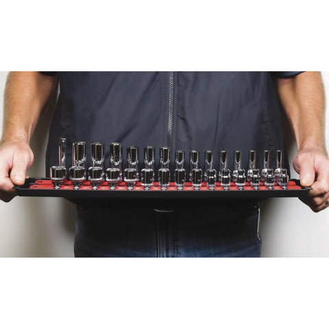 Person holding an 18-Inch Socket Boss 2 Rail 1/2-Inch Drive Socket Organizer with Twist Lock Secure Hold, Red Finish.