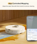 Q7 M5 Smart Vacuum And Mop Combo With 10,000 Pa HyperForce Suction App Control LiDAR Navigation shown on wood floor with app interface